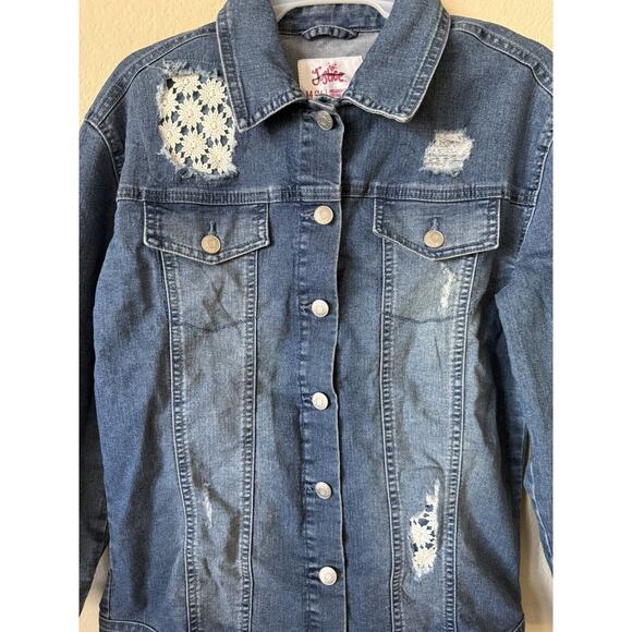 Justice Medium Wash Collared Button Up Distressed Denim Jacket Size 14/16 - Picture 2 of 4